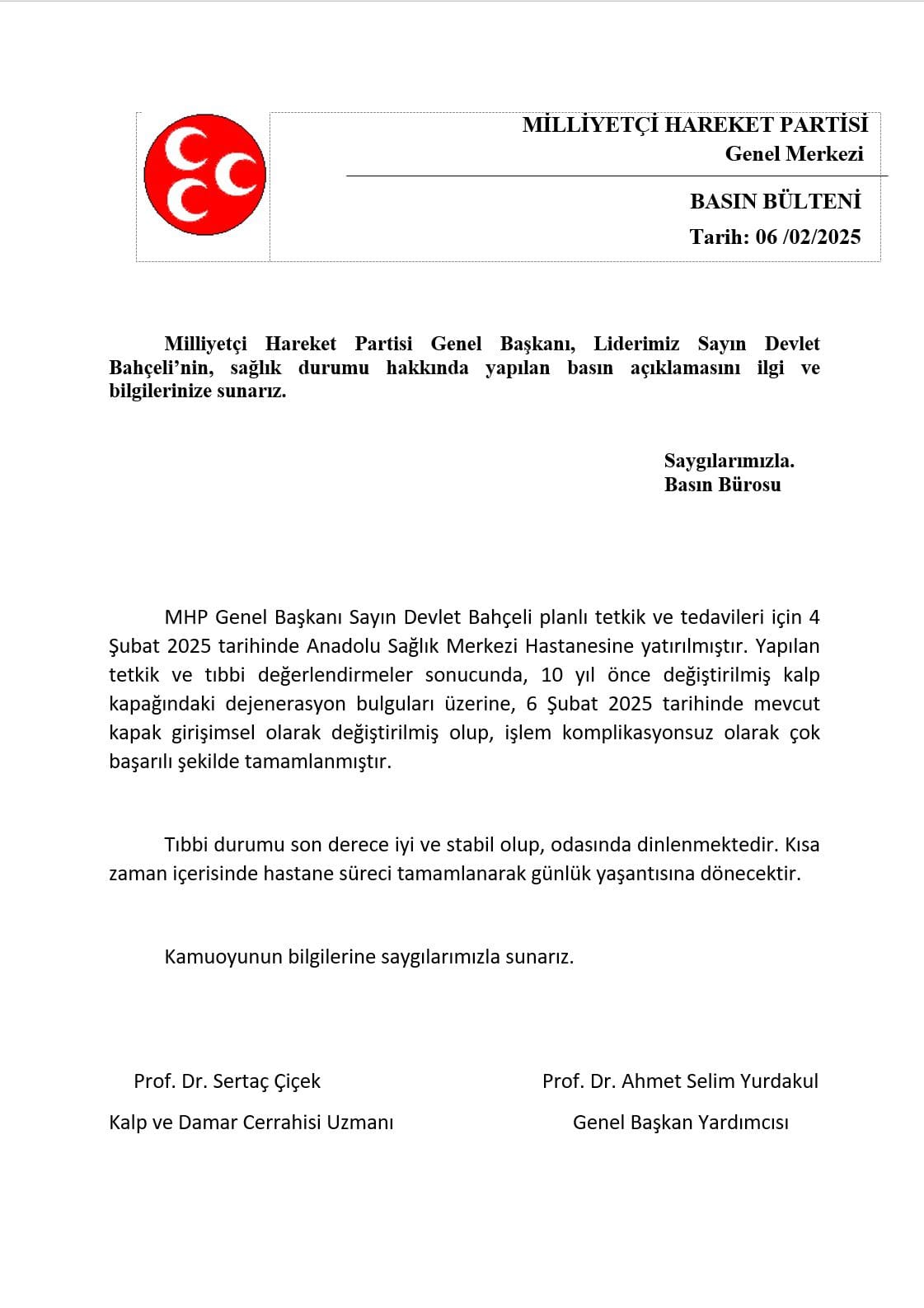 MHP Genel Başkanı Bahçeli, Kocaeli'de ameliyat oldu