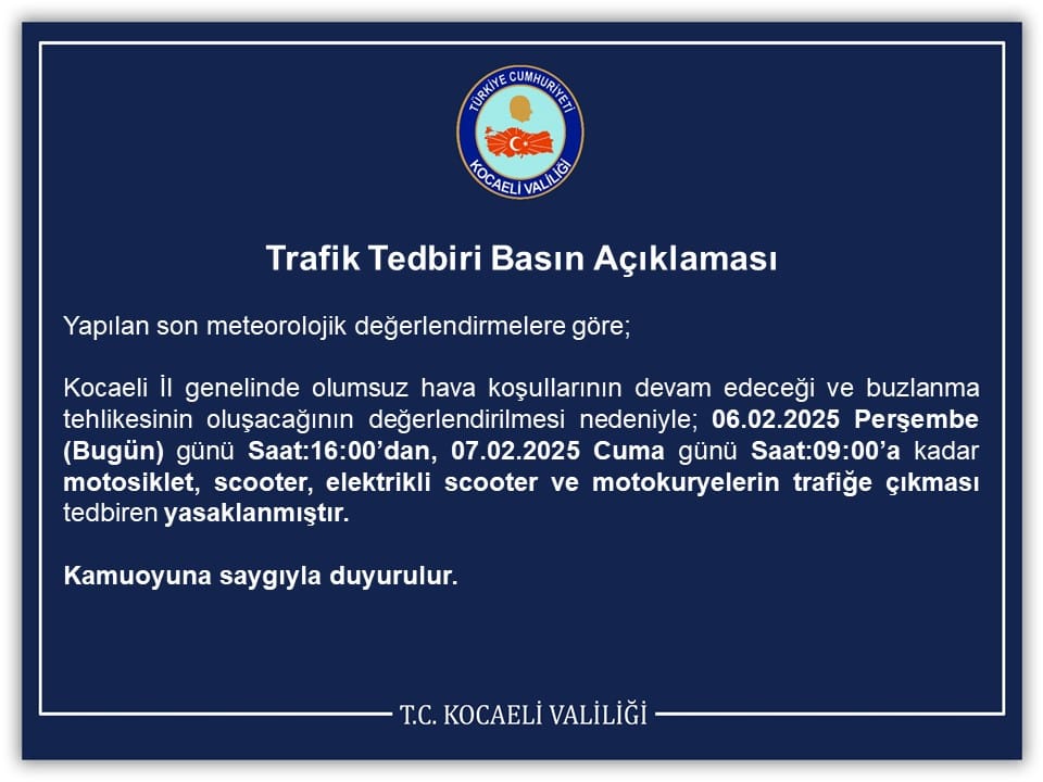 Kocaeli’de Motosiklet ve Motokuryelere Geçici Trafik Yasağı!