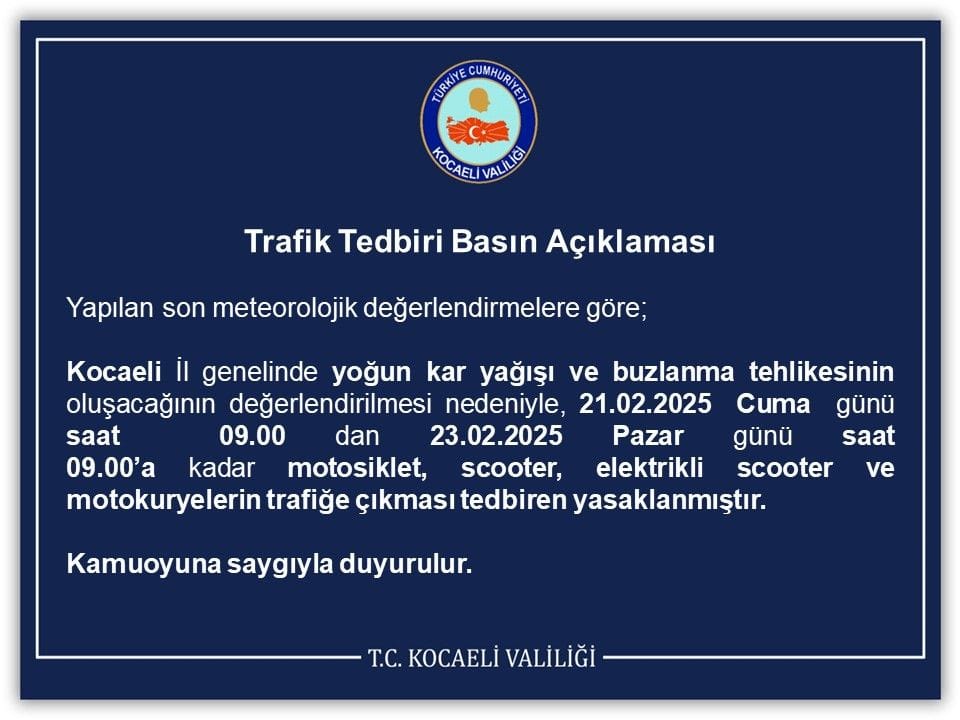 Kocaeli Valiliği Duyurdu: Motosiklet ve Scooter Kullanımına Geçici Yasak
