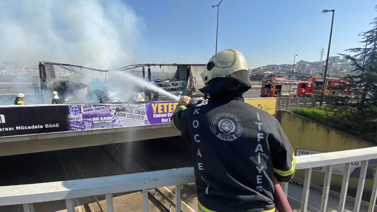 TEM'de lastiği patlayan tır alev alev yandı