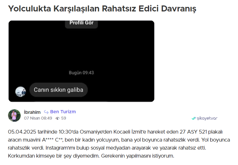 Muavin, kadın yolcunun sosyal medya hesabını bulup rahatsız etti